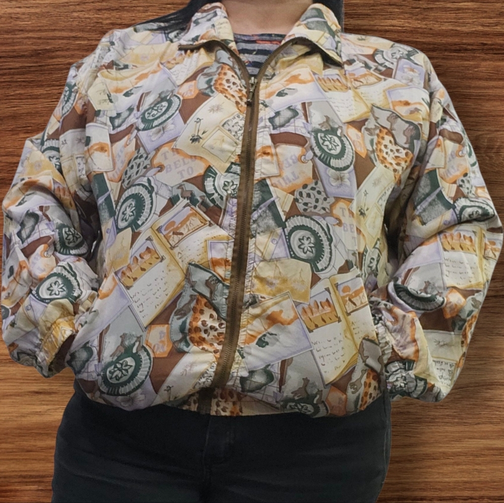 EVR Safari Picture Postcard Photo Album Print 100% Silk Jacket Women's Size XL